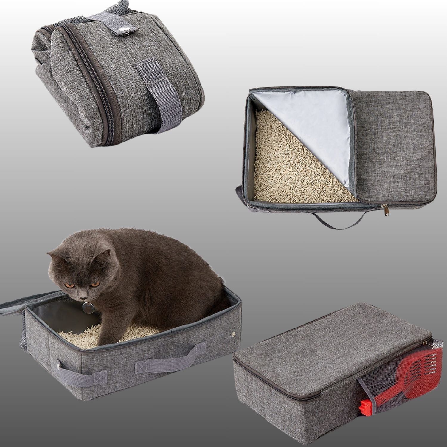 Reis Kat Toilet grijze kattenbak met kat op vulling